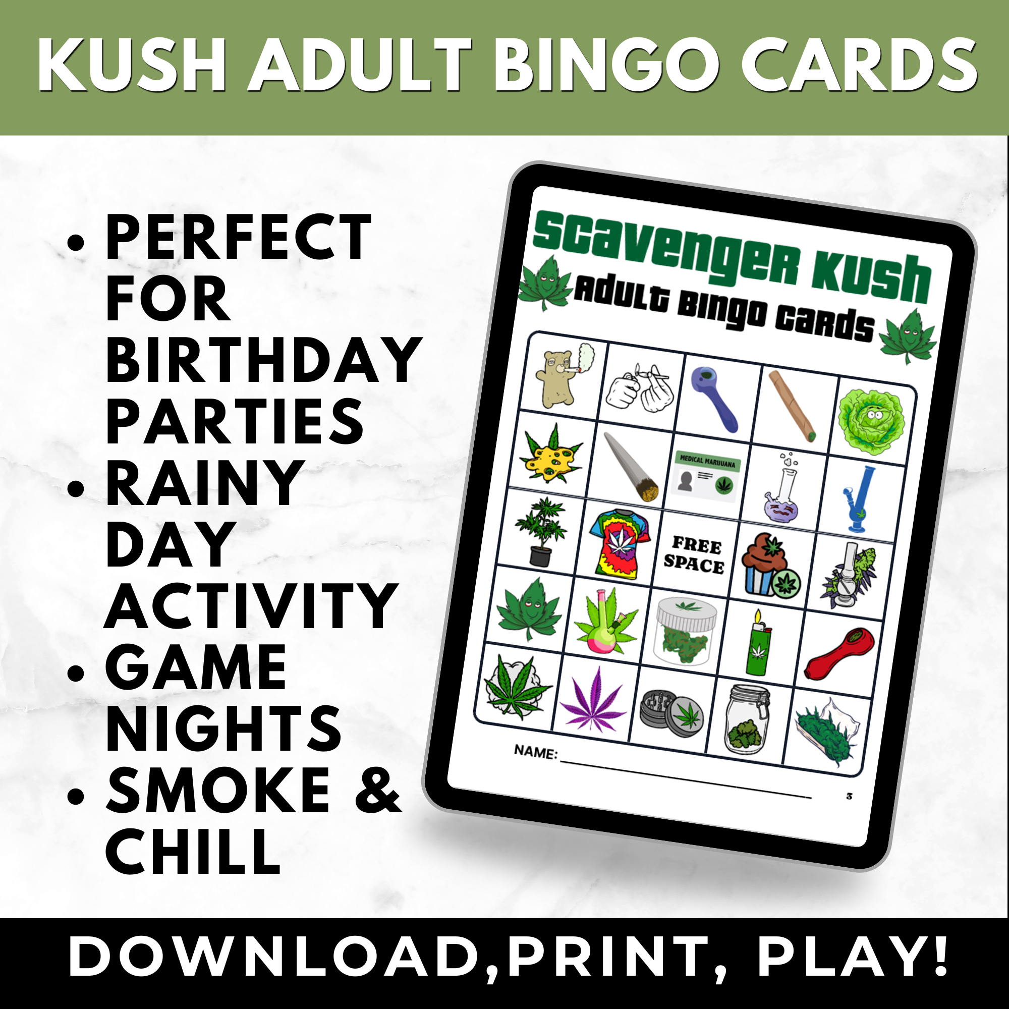 Kush Bingo Cards for Adults Printable | Weed Bingo Game for Smokers | 50 Cards + Pull Cards | Adult Party Game Digital Download