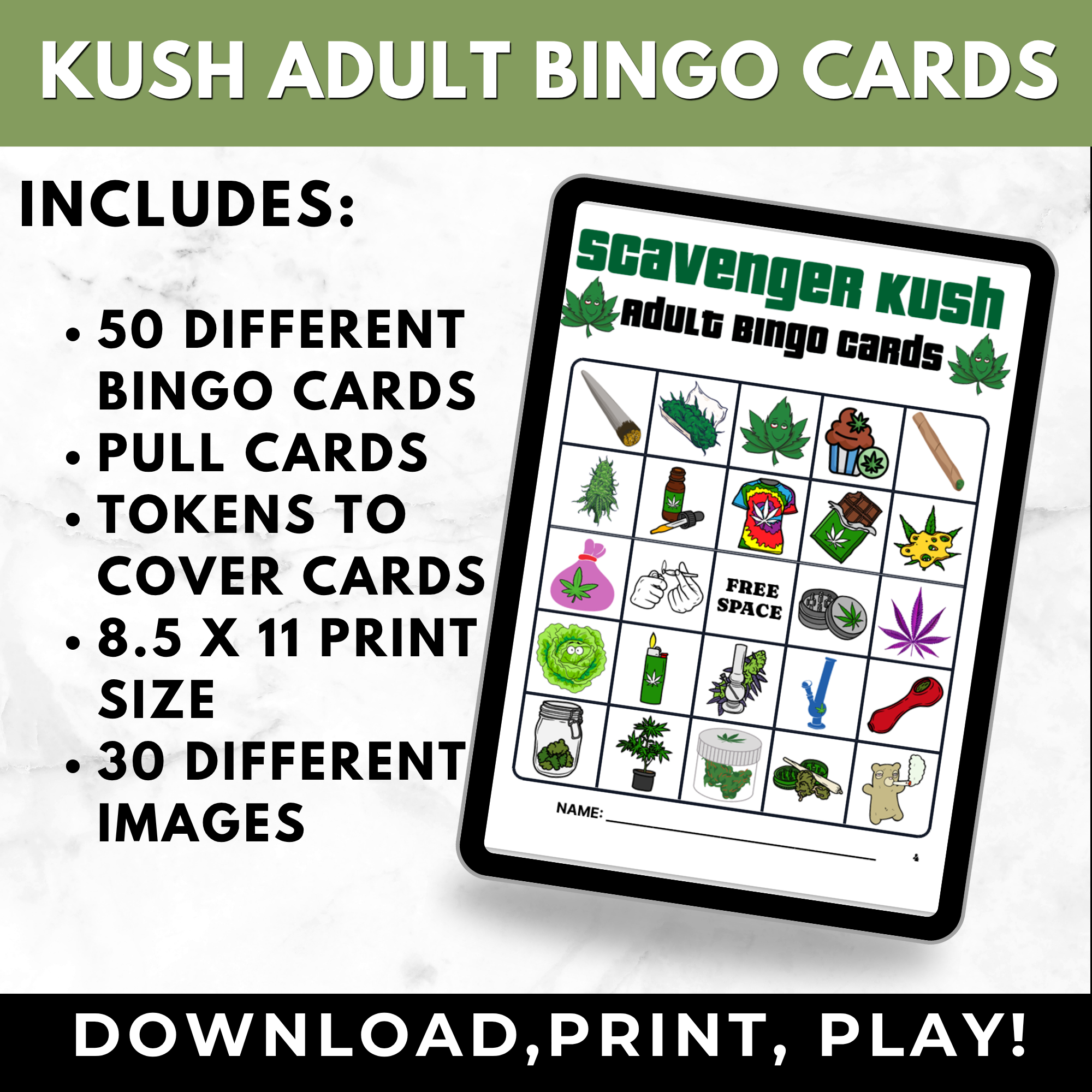 Kush Bingo Cards for Adults Printable | Weed Bingo Game for Smokers | 50 Cards + Pull Cards | Adult Party Game Digital Download